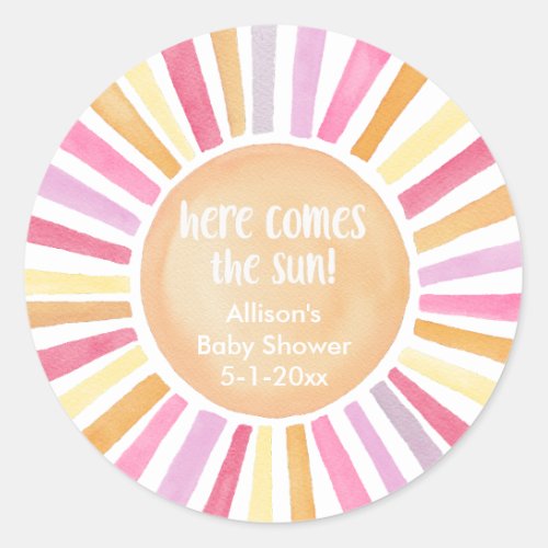 Here comes the sun girl baby shower sunshine classic round sticker