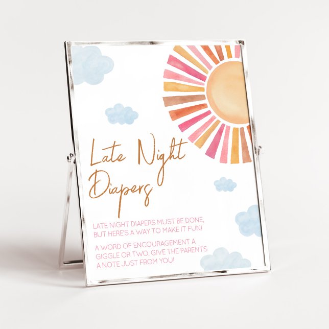 Here Comes The Sun Girl Late Night Diapers Poster (Sunshine Baby Shower Late Night Diapers Sign)