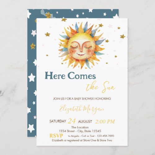 Here Comes The Sun Gold Glitter Stars Baby Shower  Invitation