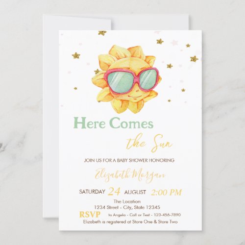 Here Comes The Sun Gold Stars Baby Shower  Invitation