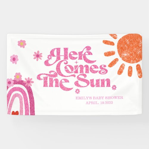 Here Comes The Sun Pink Glitter Baby Shower Banner