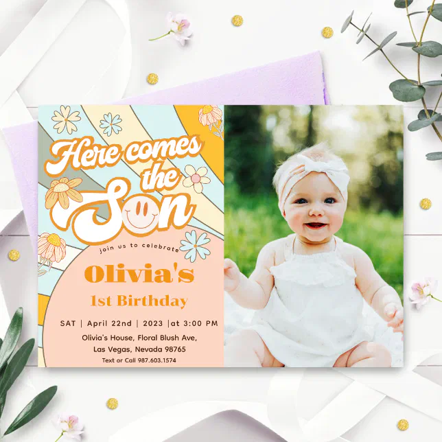 Here Comes The Sun Rainbow 1st Birthday Invitation | Zazzle