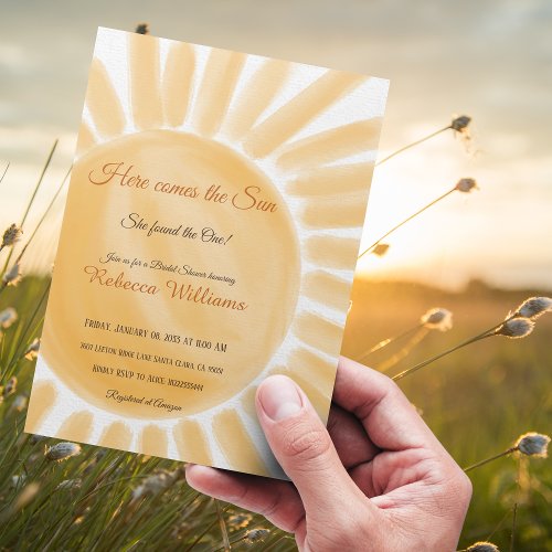 Here Comes the Sun Ray Yellow Bridal Shower Invitation