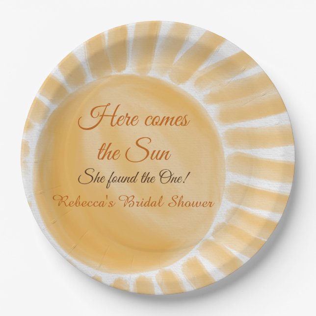 Here Comes the Sun Ray Yellow Bridal Shower Paper Plates (Front)