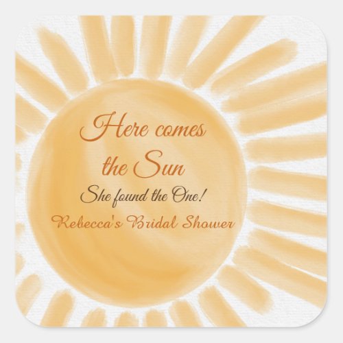 Here Comes the Sun Ray Yellow Bridal Shower Square Sticker