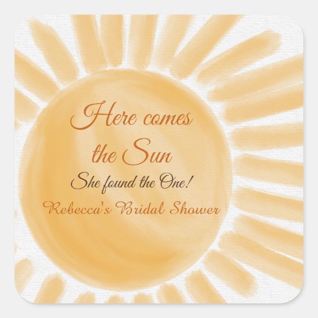 Here Comes the Sun Ray Yellow Bridal Shower Square Sticker (Front)