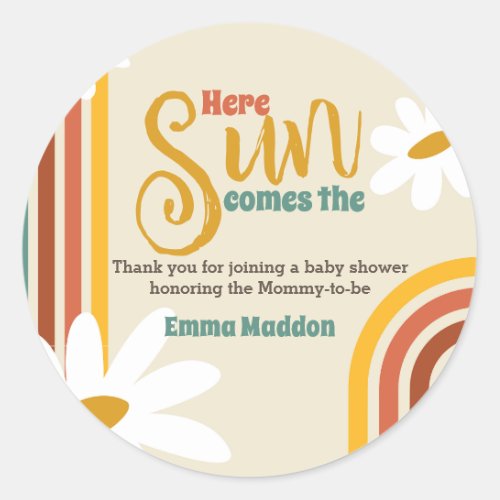 Here comes the sun Retro Baby Shower Invitation Classic Round Sticker