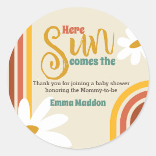 Here comes the sun Retro Baby Shower Invitation Classic Round Sticker