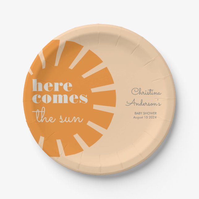 Here Comes the Sun Retro Baby Shower Paper Plates (Front)
