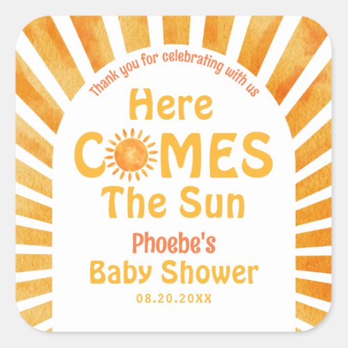 Here Comes The Sun Retro Baby Shower Thank You Square Sticker