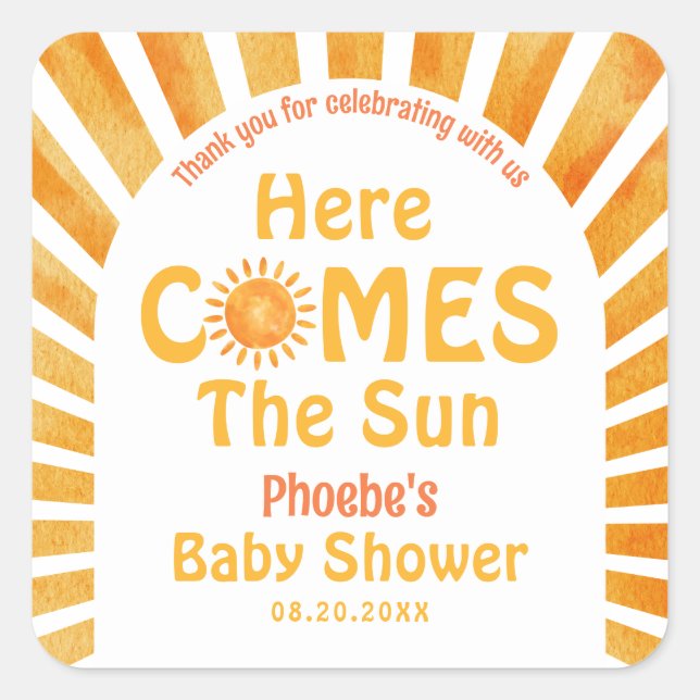 Here Comes The Sun Retro Baby Shower Thank You Square Sticker (Front)