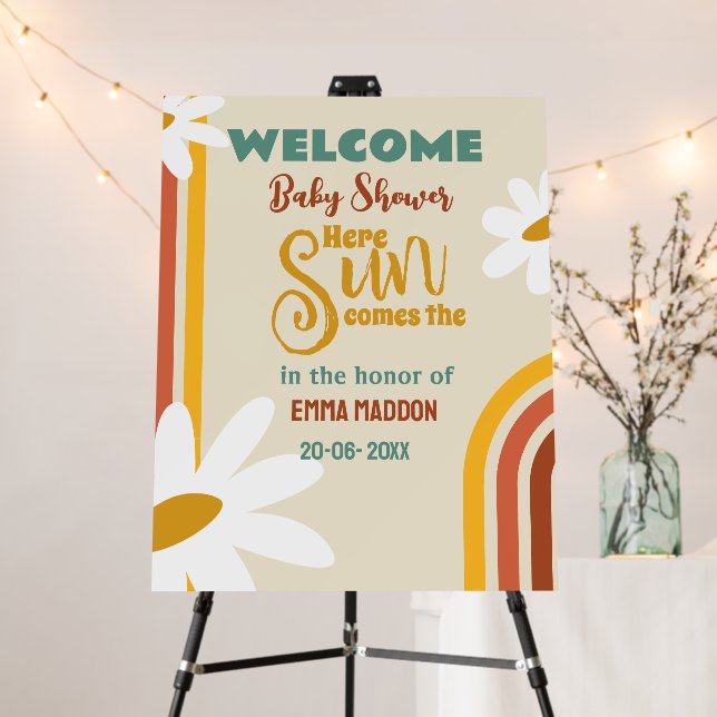 Here comes the sun Retro Baby Shower Welcome Foam Board (In Situ (Stand))