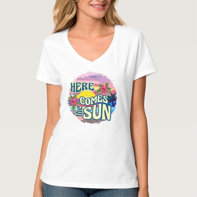 Here Comes the Sun Retro Tropical Hawaiian Beach T-Shirt (Front)