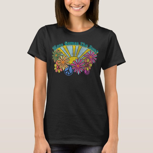 Here Comes The Sun Spring Hippie Peace Sign Floral T-Shirt (Front)