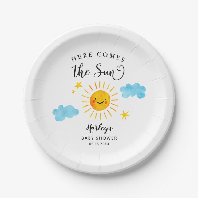 Here Comes The Sun Sunshine Baby Shower Paper Plates (Front)