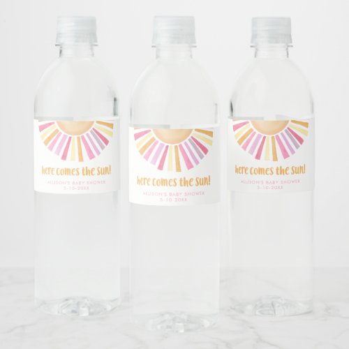 Here comes the sun sunshine girl baby shower water bottle label