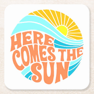 Here Comes the Sun Tee, Retro Style, Hippie Style  Square Paper Coaster