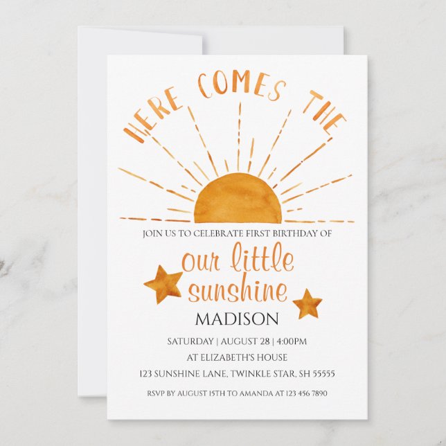 Here Comes The Sun - Watercolor 1st Birthday   Invitation (Front)