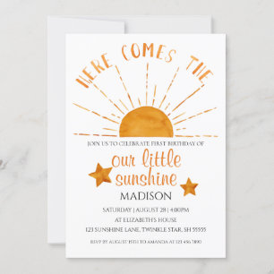 Here Comes The Sun - Watercolor 1st Birthday Invitation