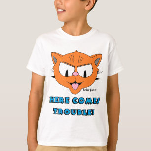 "HERE COMES TROUBLE!" Cartoon Cat Funny Kids T-Shirt