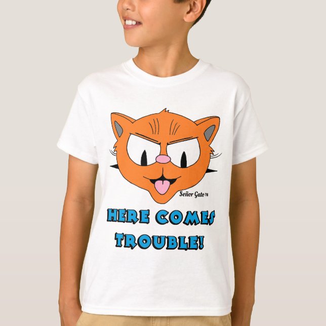 "HERE COMES TROUBLE!" Cartoon Cat Funny Kids T-Shirt (Front)