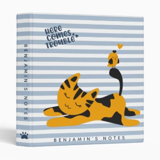 Here comes trouble! Cute Cat - Blue Striped Kids' 3 Ring Binder