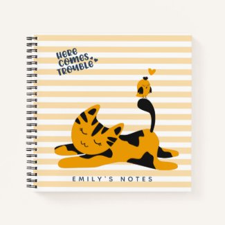 Here comes trouble! Cute Cat - Orange Striped Kids Notebook