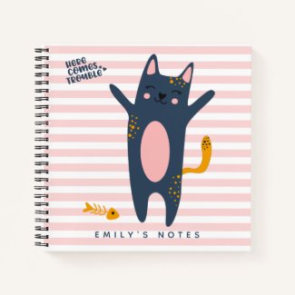 Here comes trouble! Cute Cat - Pink Striped Kids' Notebook