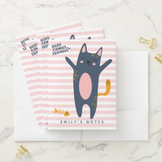 Here comes trouble! Cute Cat - Pink Striped Kids' Pocket Folder