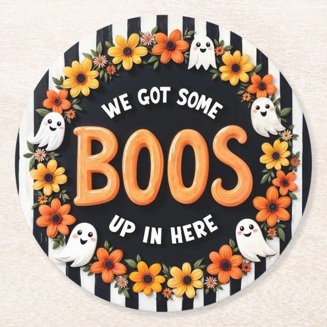 Here for the Boos Fun Halloween Party Favor  Round Paper Coaster (Front)