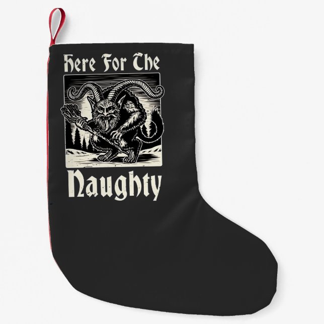 Here for the Naughty Krampus Spooky Xmas Devil  Small Christmas Stocking (Front)