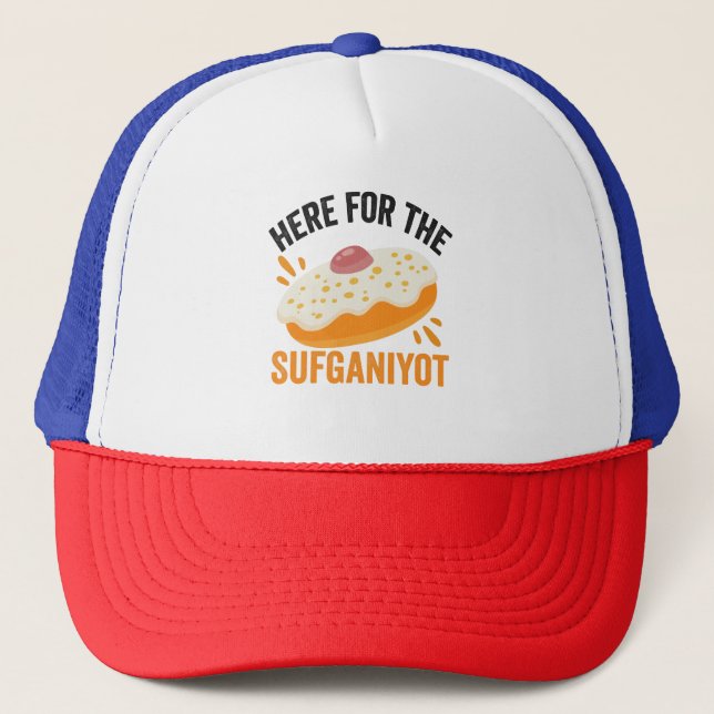 Here For the sufganiyot Funny Jewish Hanukkah Gift Trucker Hat (Front)