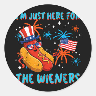 Here for wieners 4th of july hotdog patriot menHer Classic Round Sticker