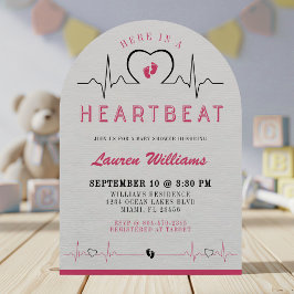 Here in a Heartbeat Heart Monitor Pink Baby Shower Invitation
