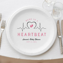 Here in a Heartbeat Heart Monitor Pink Baby Shower Paper Plates