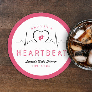 Here in a Heartbeat Heart Monitor Pink Baby Shower Round Paper Coaster