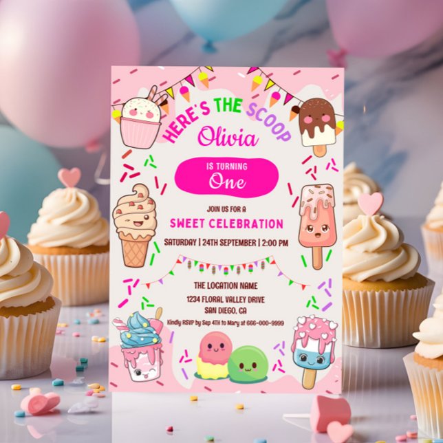 Here is the Scoop Ice Cream 1st Birthday Party Invitation (Kawaii Ice cream 1st Birthday Party Invitation)