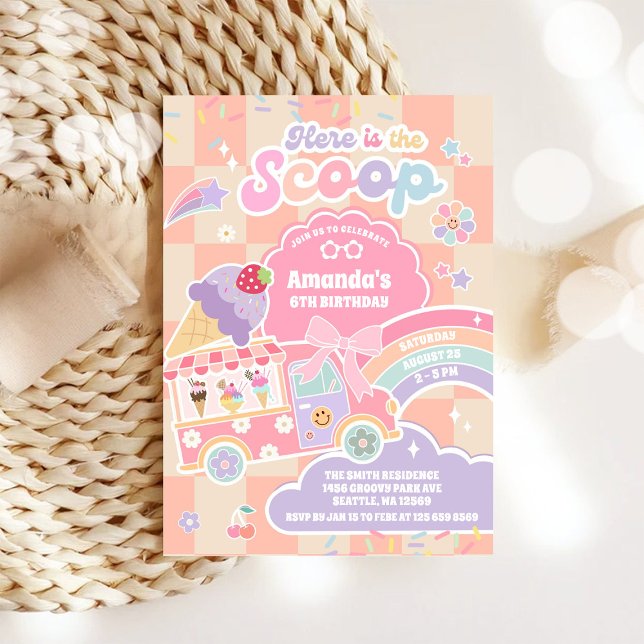 Here is The Scoop Ice Cream Groovy Daisy Birthday Invitation (Creator Uploaded)