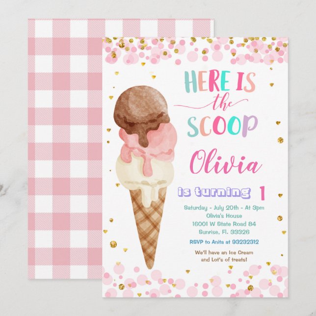 Here is the Scoops Cone Ice Cream Birthday Party  Invitation (Front/Back)