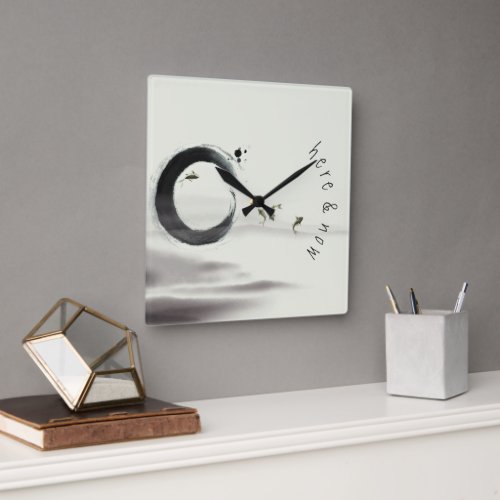 Here  Now  Zen Circle Enso Koi Brush Painting Square Wall Clock