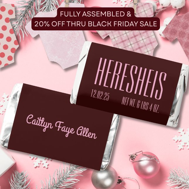 'HERE SHE IS' Hersheys Candy Bars ready to SHARE!! Hershey's Miniatures (Baby's First Christmas Baby Girl Announcement Old School candy)