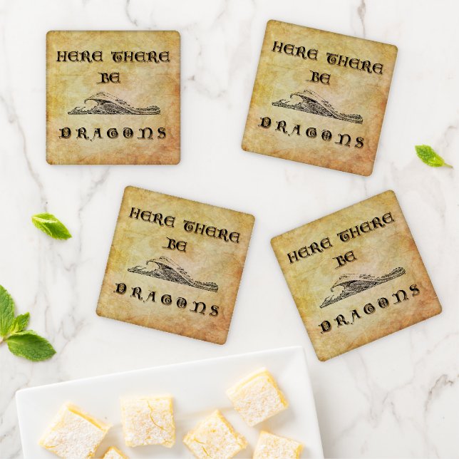 Here There Be Dragons Coaster Set (In Situ)