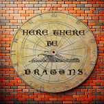Here There Be Dragons Dart Board<br><div class="desc">An age old warning on an ancient parchment illustrated with a large winged dragon; right out of a medieval bestiary or a fairy tale storybook.</div>