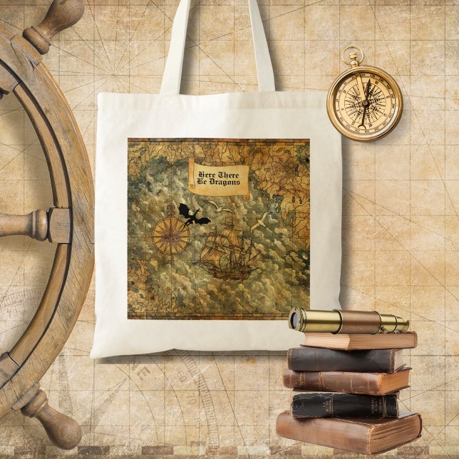 Here There Be Dragons Fantasy Map Tote Bag (Here There Be Dragons Tote Bag for library visits or nautical adventures)