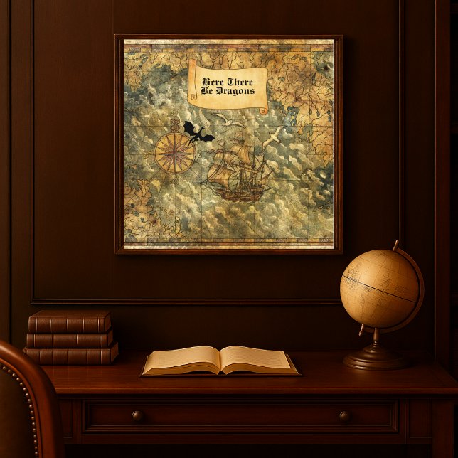 Here There Be Dragons Nautical Map  Wall Decal (Here There Be Dragons Wall Decal)