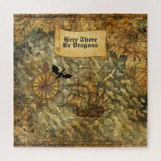 Here There Be Dragons Vintage-Style Nautical Map  Jigsaw Puzzle
