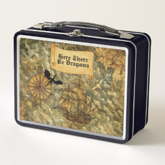 Here There Be Dragons Vintage-Style Nautical Map  Metal Lunch Box