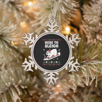 Here To Sleigh Christmas Polar Bear Sled Snow Xmas Snowflake Pewter Christmas Ornament