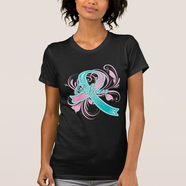 Hereditary Breast Cancer Believe Flourish Ribbon T-Shirt (Front)