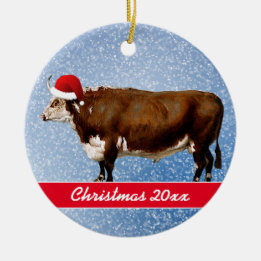 Hereford Bull and Santa Hat Ceramic Ornament